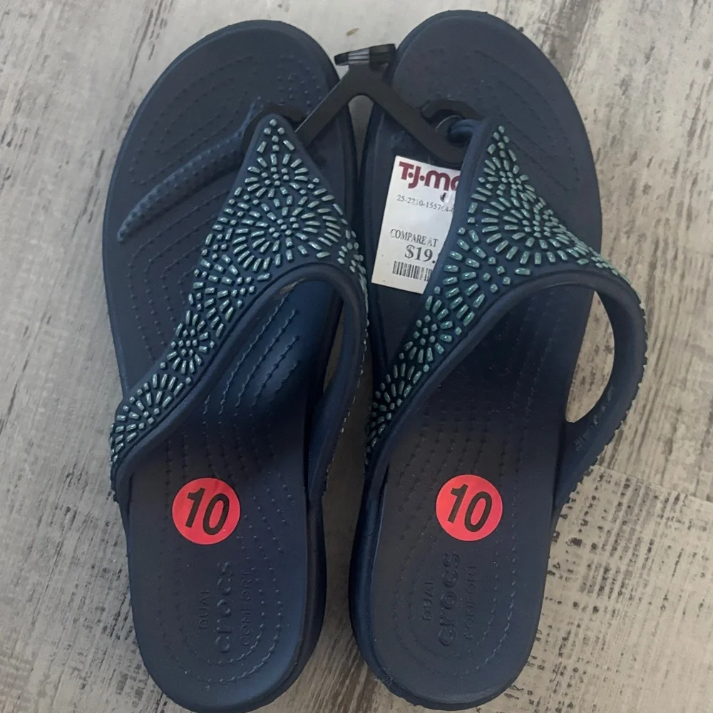 CROCS Navy Jeweled Wedge Flip Flops - Picture 1 of 3